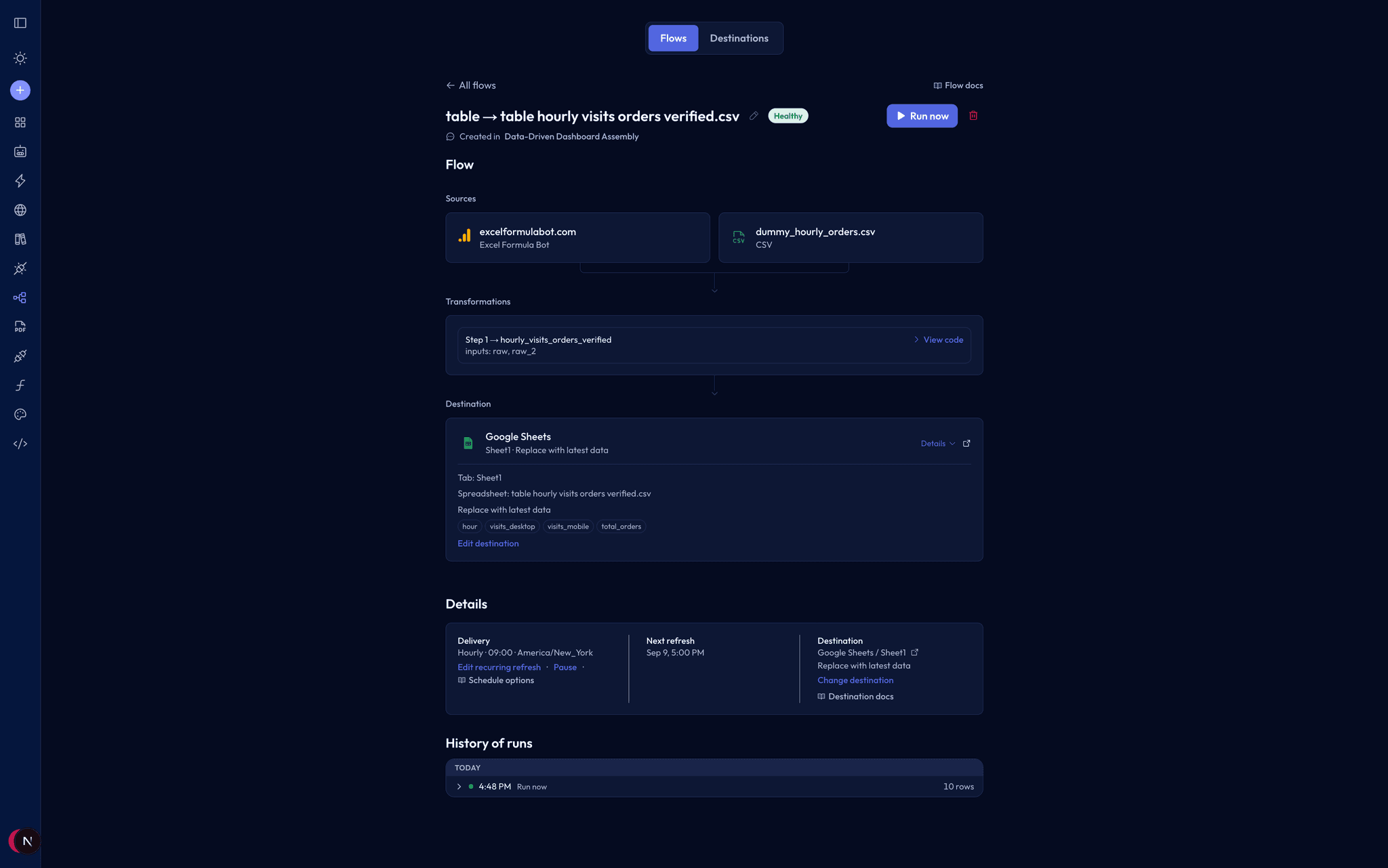 Data Flow detail showing two sources, a transformation, Google Sheets delivery settings, and run history