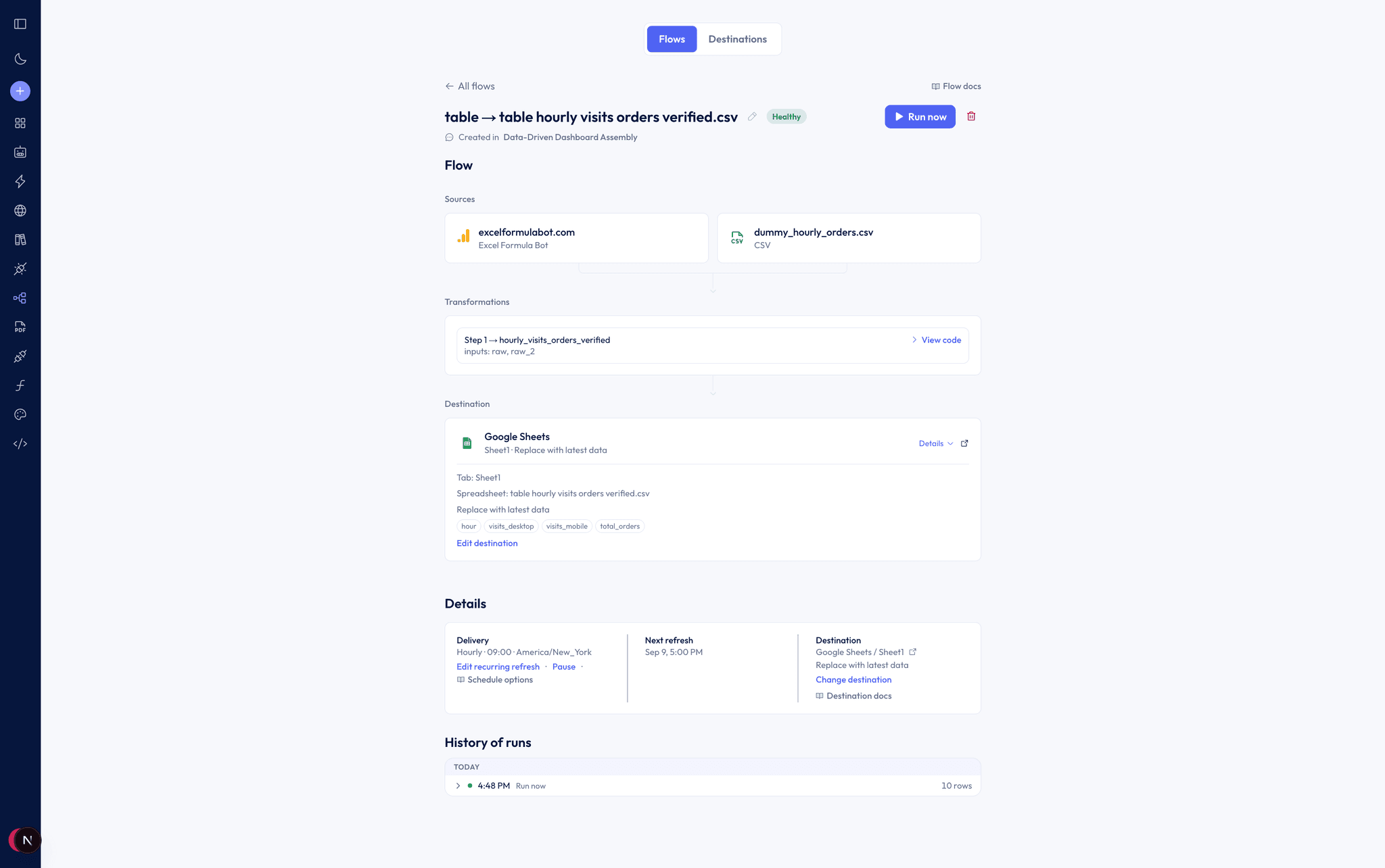 Data Flow detail showing two sources, a transformation, Google Sheets delivery settings, and run history