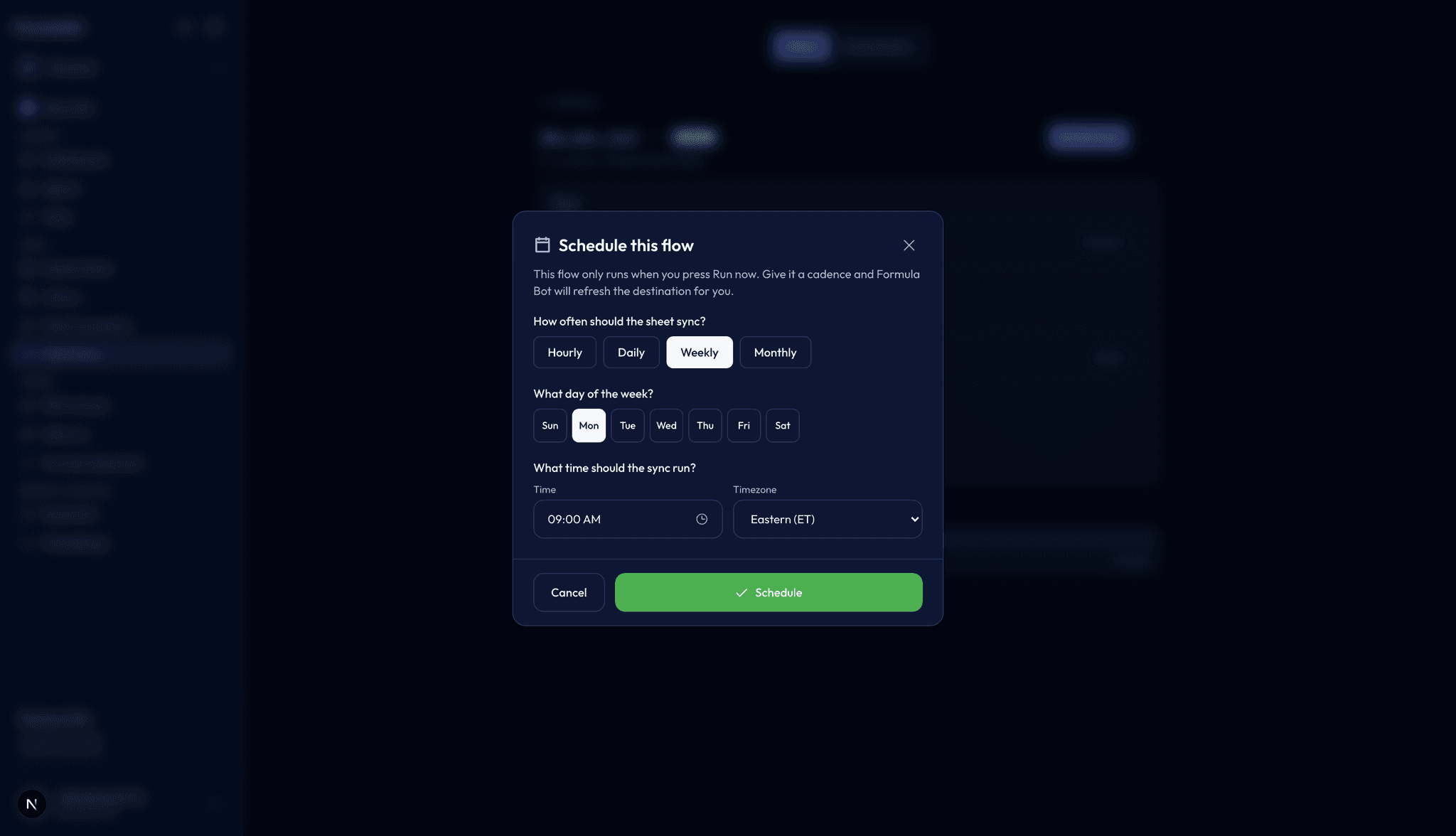 Schedule this flow dialog with hourly, daily, weekly, and monthly cadences, day of week, time, and timezone