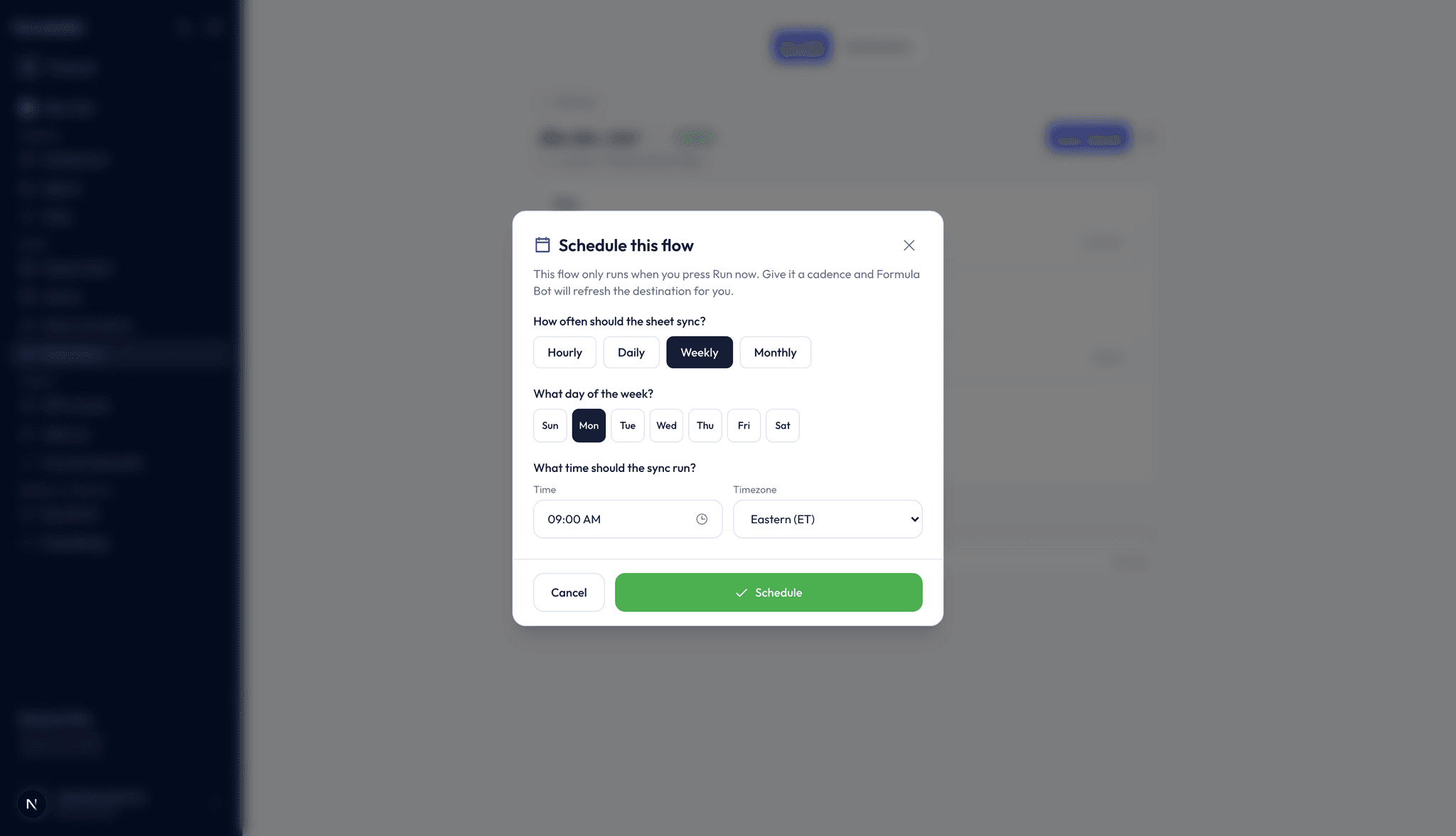 Schedule this flow dialog with hourly, daily, weekly, and monthly cadences, day of week, time, and timezone