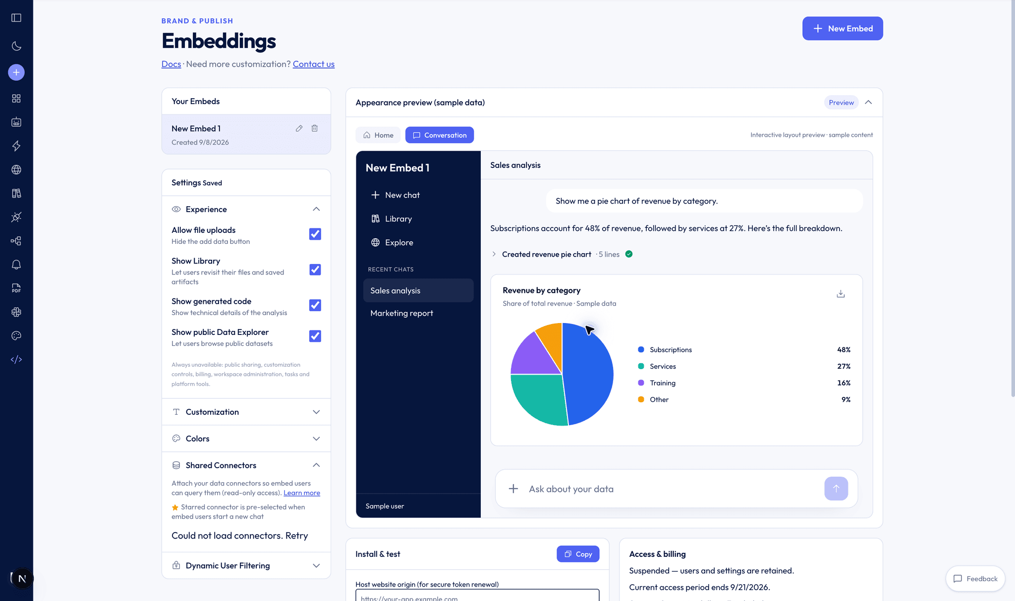 The Better Analyst embedding editor, showing a customer conversation and revenue chart.
