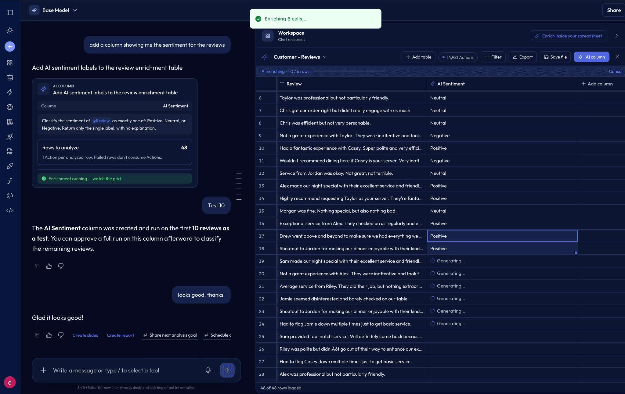 AI Sentiment column being added to a customer reviews table from a chat request