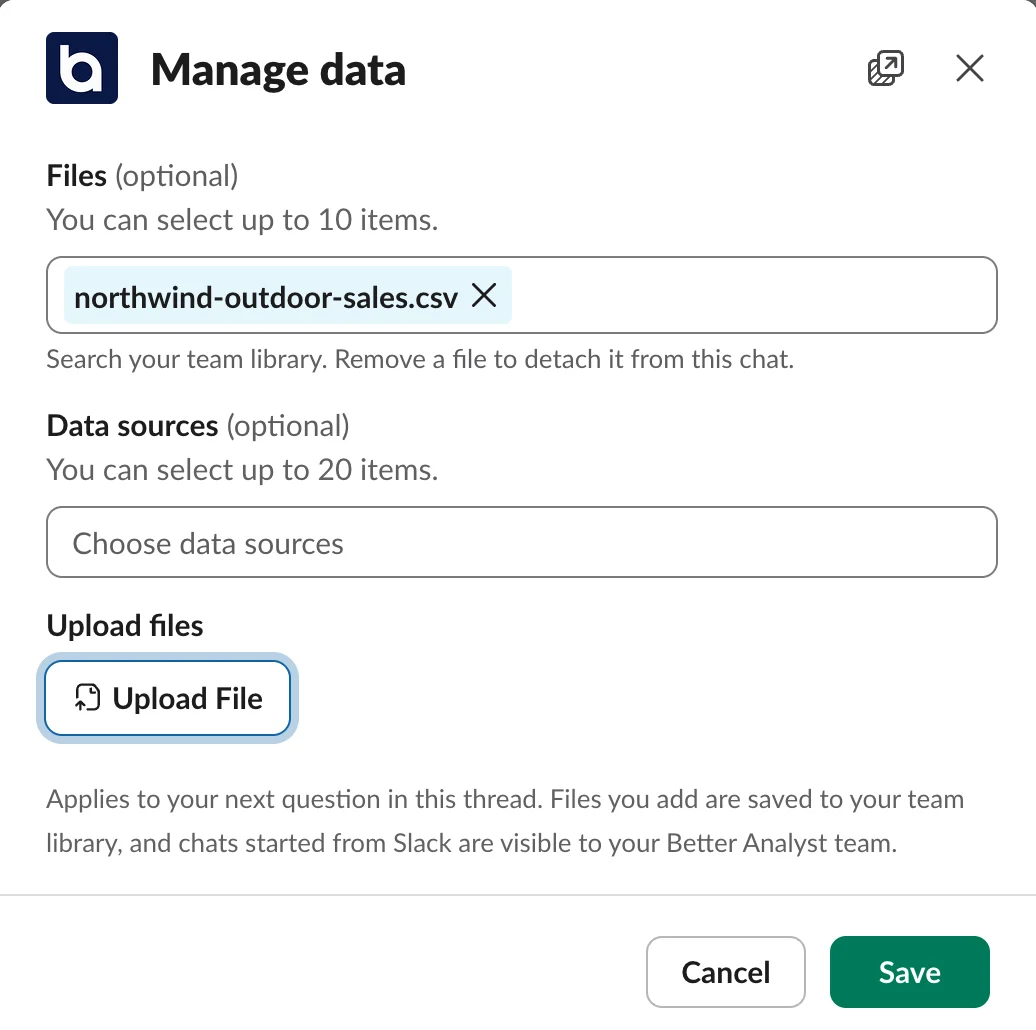 The Manage data dialog in Slack with a northwind-outdoor-sales.csv file attached, a data source picker, and an Upload File button
