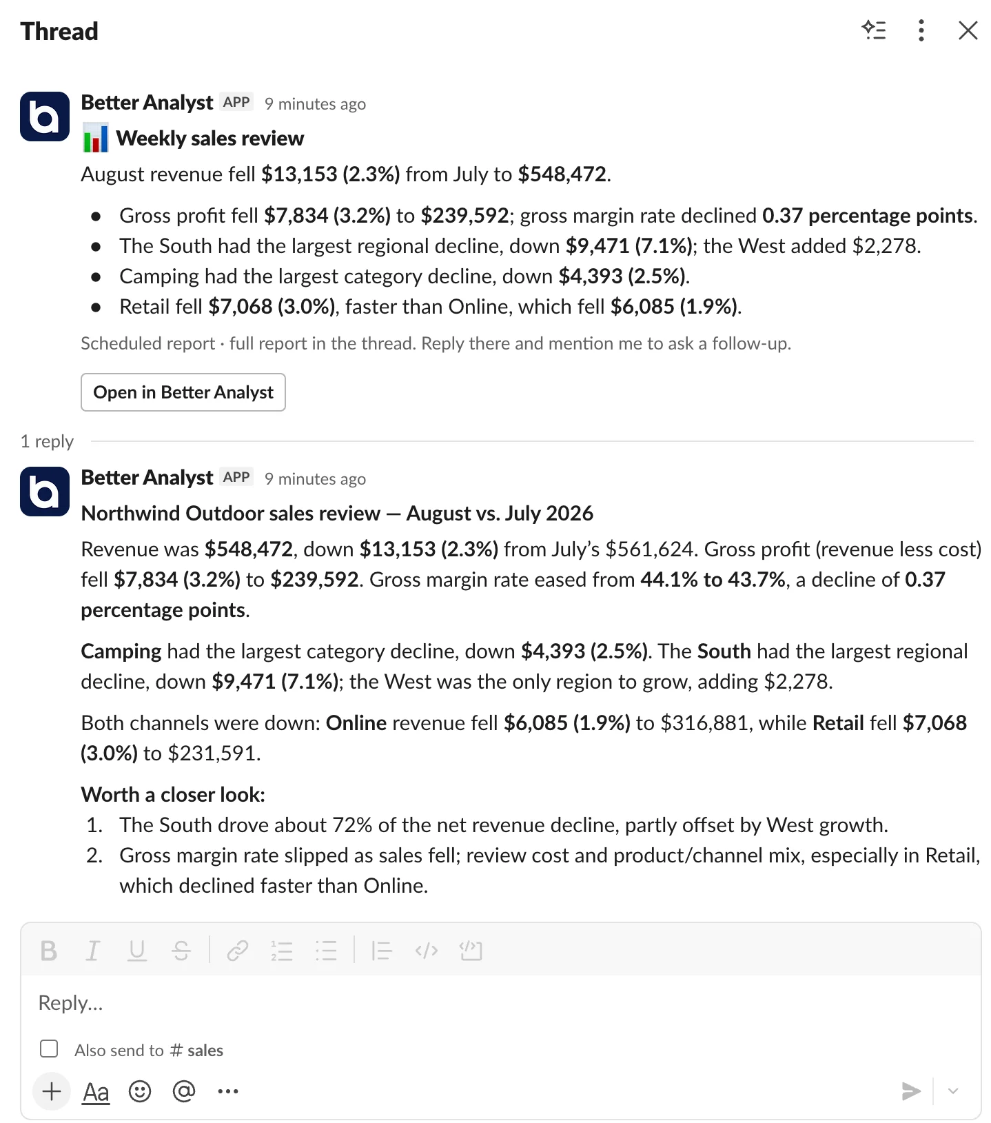A Weekly sales review from Better Analyst in #sales with a headline, four key changes, and an Open in Better Analyst button