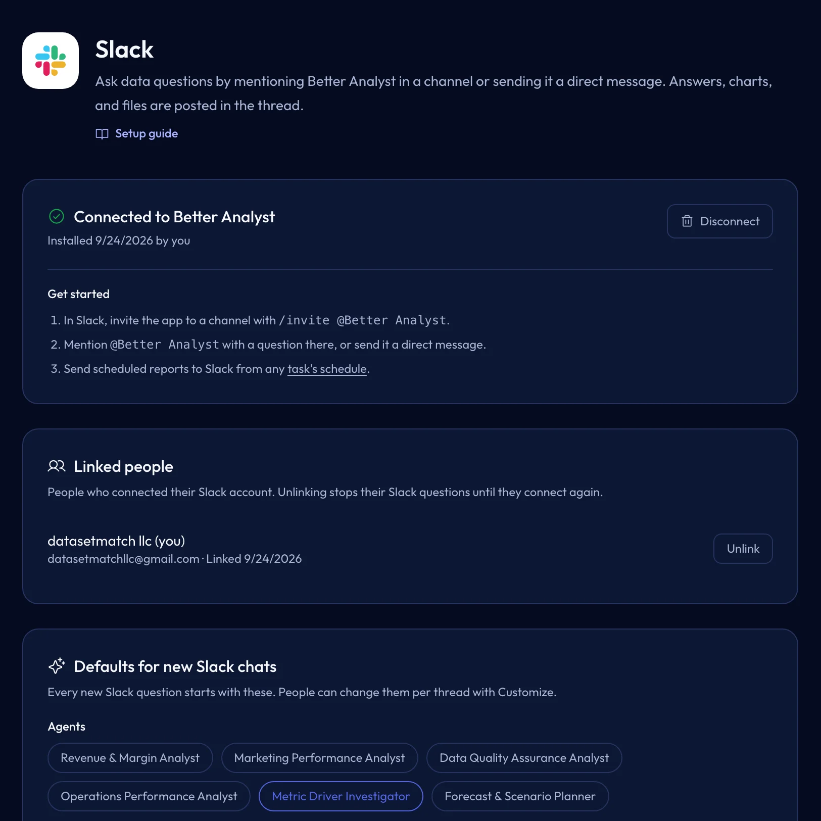 Slack settings in Better Analyst showing getting-started steps, linked people, and default agents for new Slack chats